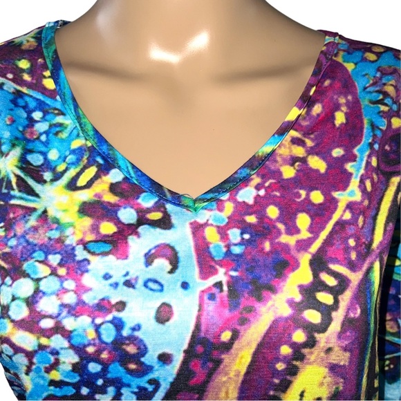MISSLOOK | COLORFUL PEACOCK FEATHER PRINT SHORT SLEEVE TOP - Picture 3 of 8